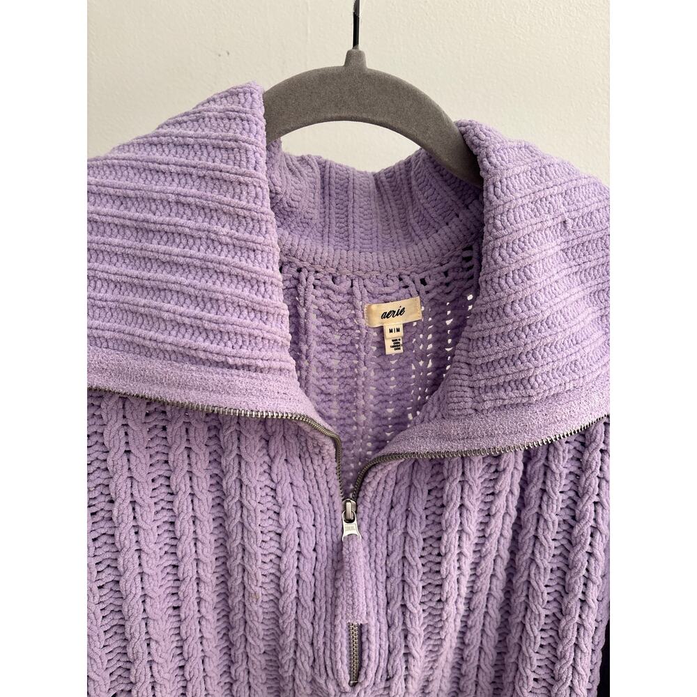 Aerie Lavender Cable Knit Quarter Zip Sweater Oversized Mock Neck Pullover - Picture 6 of 11